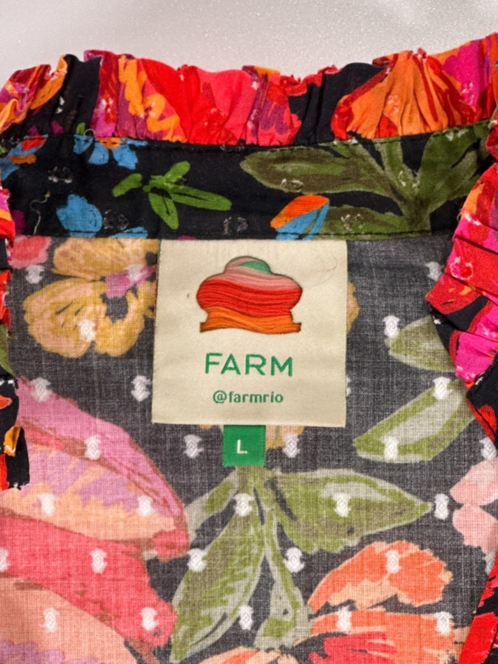 FARM Rio NWOT Black Floral Ruffle Swiss Dot Cotton Blouse Large - Picture 4 of 13